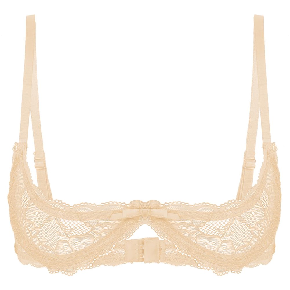 ACSUSS Womens Lace Sheer Lingerie 1/4 Cups Bare Exposed Breast Underwire Push Up Bra Tops Nude Large