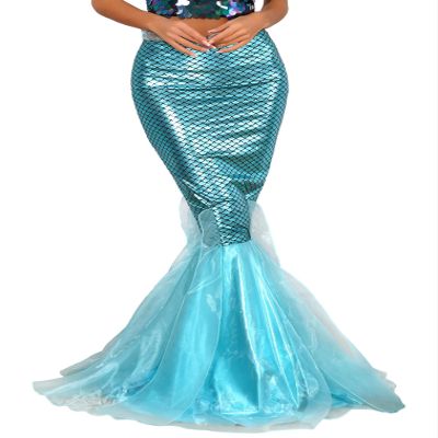 JEATHA Women Shiny Fishtail Skirt Cascading Tulle Fish Scale Print Maxi Skirt Mermaid Cosplay Costume Blue Large
