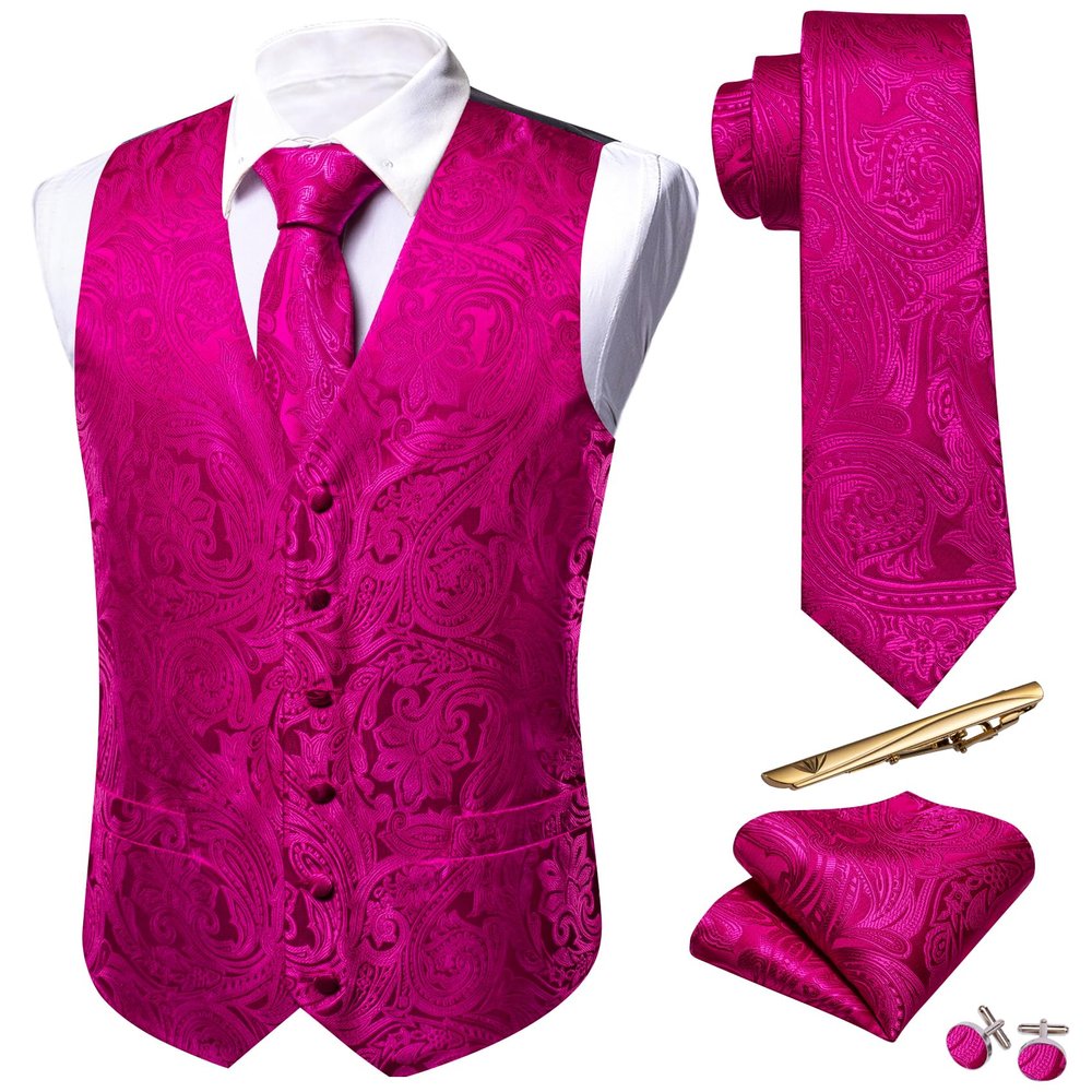 Barry.Wang Hot Pink Mens Paisley Tie and Vest Set with Pocket Square Cufflinks WaistCoat Suit for Tuxedo 5PCS