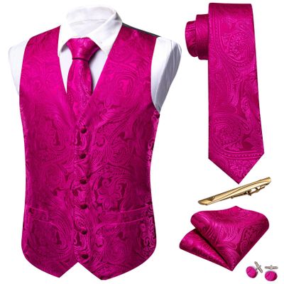 Barry.Wang Hot Pink Mens Paisley Tie and Vest Set with Pocket Square Cufflinks WaistCoat Suit for Tuxedo 5PCS