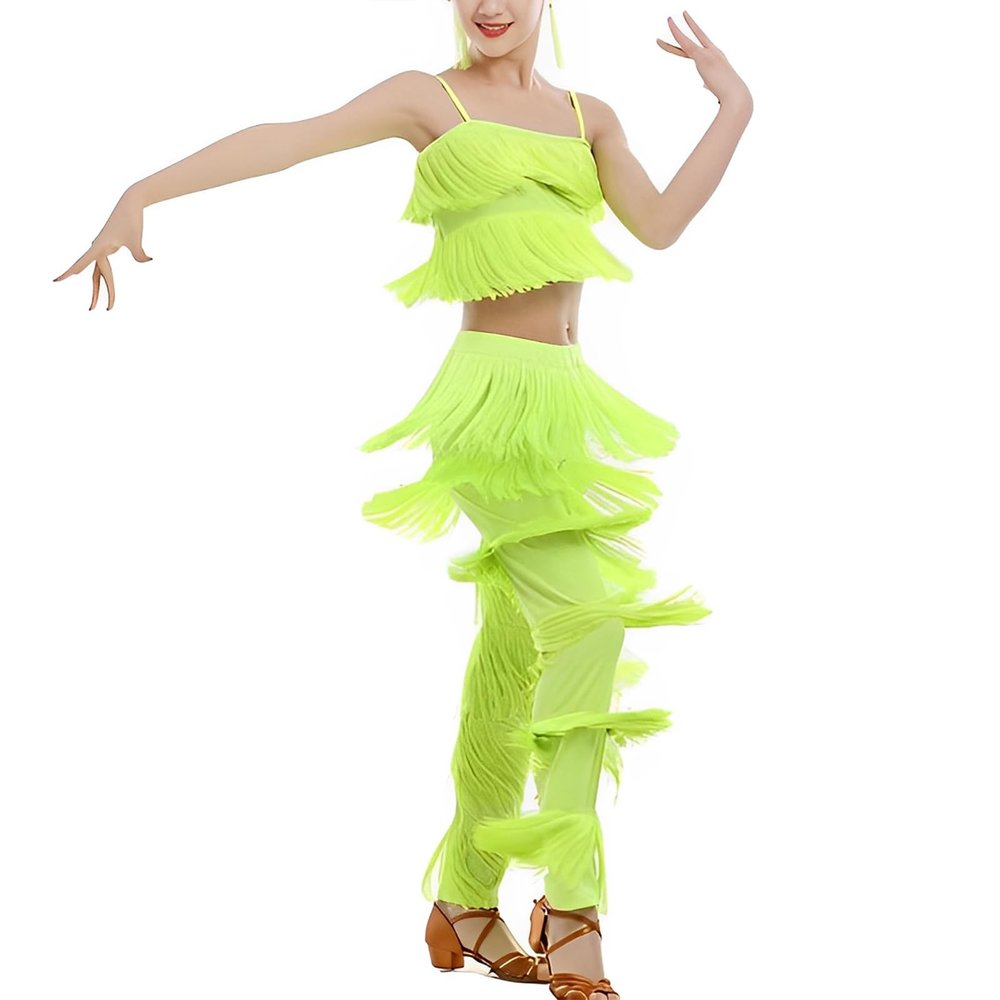 Women's Latin Tassel Dance top and Pant 2 Piece Sets for Ballroom Rumba Tango Salsa(Green 10-11T)