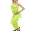 Women's Latin Tassel Dance top and Pant 2 Piece Sets for Ballroom Rumba Tango Salsa(Green 10-11T) view 3