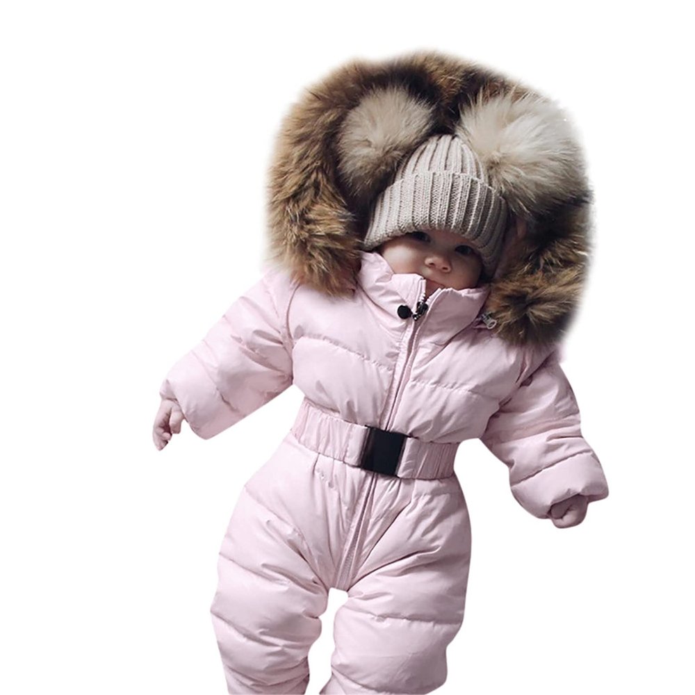 Newborn Infant Baby Snowsuits Hoodie Jumpsuit Boys Girls Winter Warm Padded Thick Coat Outfit (Pink-3, 9-12 Months)