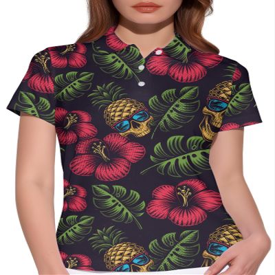 HIVICHI Funny Hawaiian Golf Shirts for Women Pineapple Skull Tropical Print Crazy Polo Shirt, 5X-Large, Aop-wpol-11699