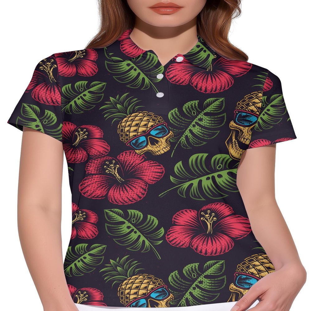 HIVICHI Funny Hawaiian Golf Shirts for Women Pineapple Skull Tropical Print Crazy Polo Shirt, 5X-Large, Aop-wpol-11699