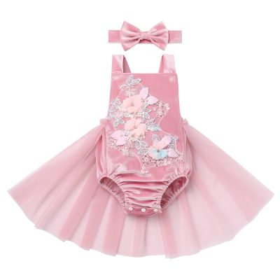 Baby Girls 1st Birthday Outfit Fall Winter Velvet Romper Ruffle Sleeveless Backless Princess Party Tutu Dress Headband Boho Embroidery Cake Smash Clothes for Photo Shoot Dusty Pink 18-24 Months