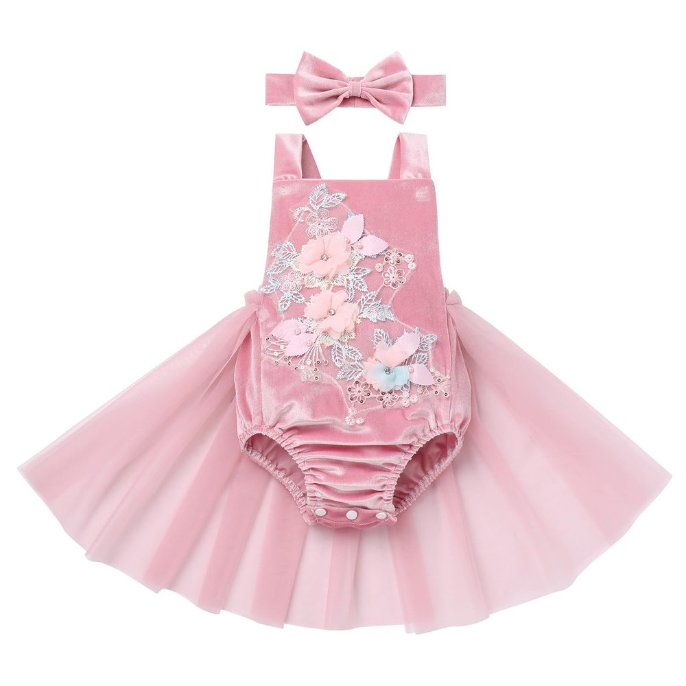 Baby Girls 1st Birthday Outfit Fall Winter Velvet Romper Ruffle Sleeveless Backless Princess Party Tutu Dress Headband Boho Embroidery Cake Smash Clothes for Photo Shoot Dusty Pink 18-24 Months