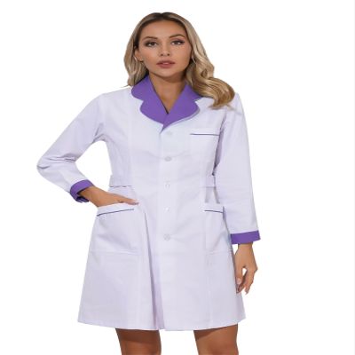 Alvivi Professional Lab Coat for Women Full Sleeve Medical Coat Notch Lapel Big Pockets Halloween Nurse Uniform Purple Curved Lapel Medium