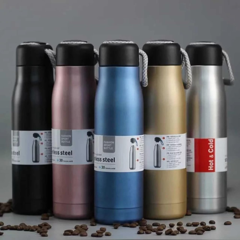 4 MECH Stainless Steel Water Bottle | Hot&Cold | Assortd Colors 550 ml Flask, Double Wall Water Bottle with Strap