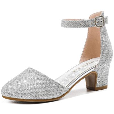 LAURMOSA Silver Closed Toe Shoes Low Heels for Girl Dressy Heels Shoes Platform Heel Girls Pumps Wedding Prom Party Shoes high Heels for Little Big Kids(L1012Silver 4)
