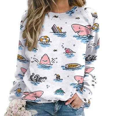 Doodle Cute Shark Women's Sweatshirt Long Sleeve Round Neck Pullover Hoodies Tops Casual Sweaters M
