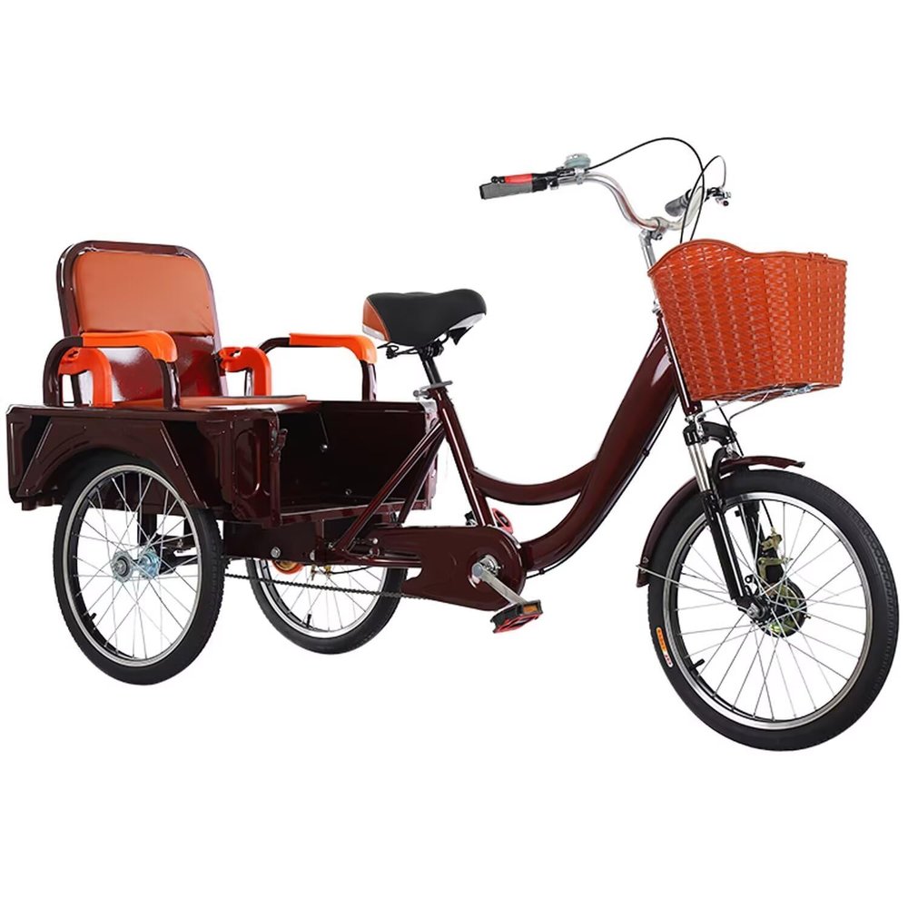 Elderly Rickshaw Pedal Tricycle with Large Cabin,20inch Dual-use Cargo Trike,Tandem Tricycle with Dual seat,3 Wheels Cruiser Trike Bike with Shock Absorbing Fork,Sensitive Brakes