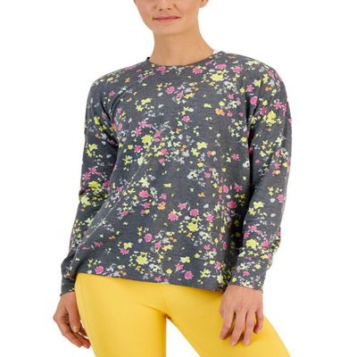 ID Ideology Women's Active Pansy Print Side Slit Relaxed Crewneck Sweatshirt Gray Size Large
