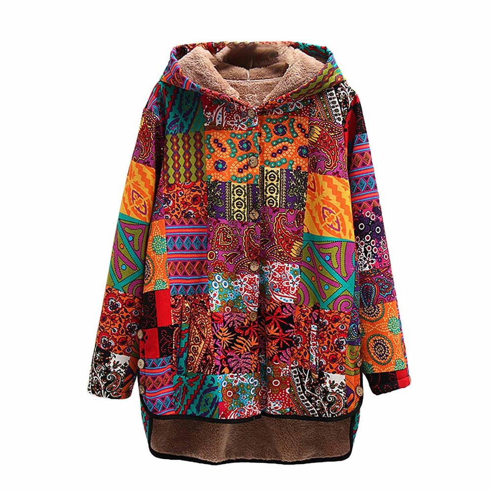 ZYXTIM Women Warm Coat Jacket Ethnic Boho Print Long Sleeves Flannel Lining Winter Overcoat Hooded Parka Outwear Christmas Yellow