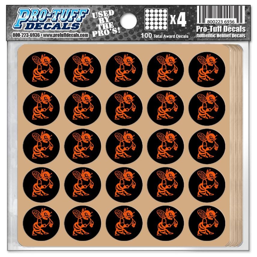 Hornet Award Decals Bees Stingers Wasp Swarm Yellowjackets Thick 1-1/8" Diameter (100 Decals) (Orange on Black)
