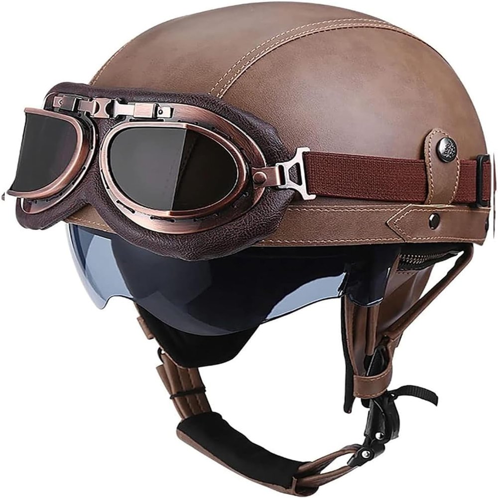 YMKJGZS German Style Retro Half Helmet Motorcycle Leather HelmetDOT/ECE Certified Open-Face Helmet Fit for Cruiser Moped Scooter ATV Adult Men Women Street Jet Helmet with Goggles (10,S)