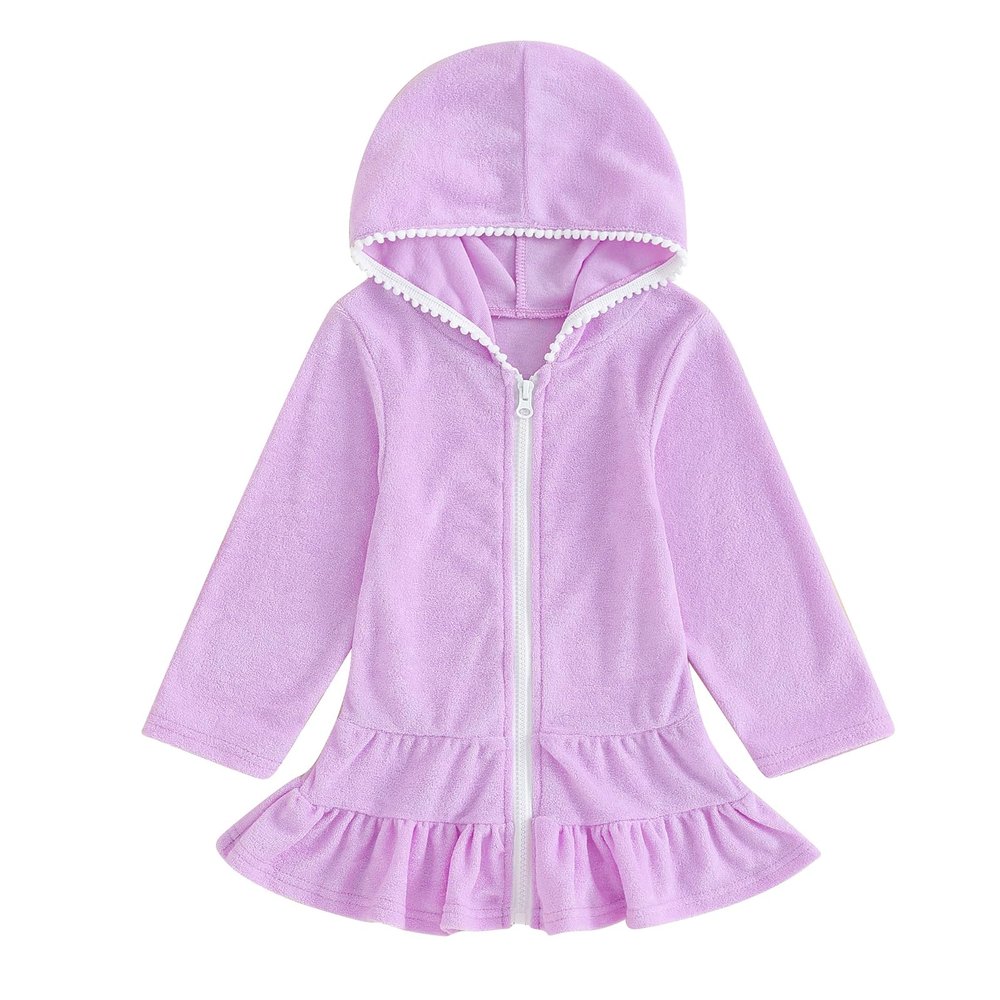 Hoanselay Kids Toddler Little Girl Swim Cover Up Towel Terry Swimsuit Wraps Zip Up Bathing Suit Robe Pool Beach Coverup (Purple Long, 2-3T)