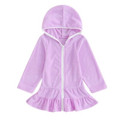 Hoanselay Kids Toddler Little Girl Swim Cover Up Towel Terry Swimsuit Wraps Zip Up Bathing Suit Robe Pool Beach Coverup (Purple Long, 1-2T)