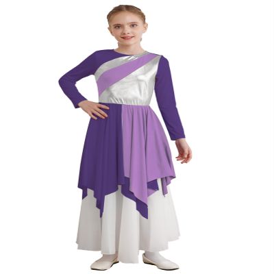Winnrchan Long Sleeve Praise Dance Dress for Girls Metallic Liturgical Worship Dance Costumes Asymmetrical Church Robe Tunic Lavender 6 Years