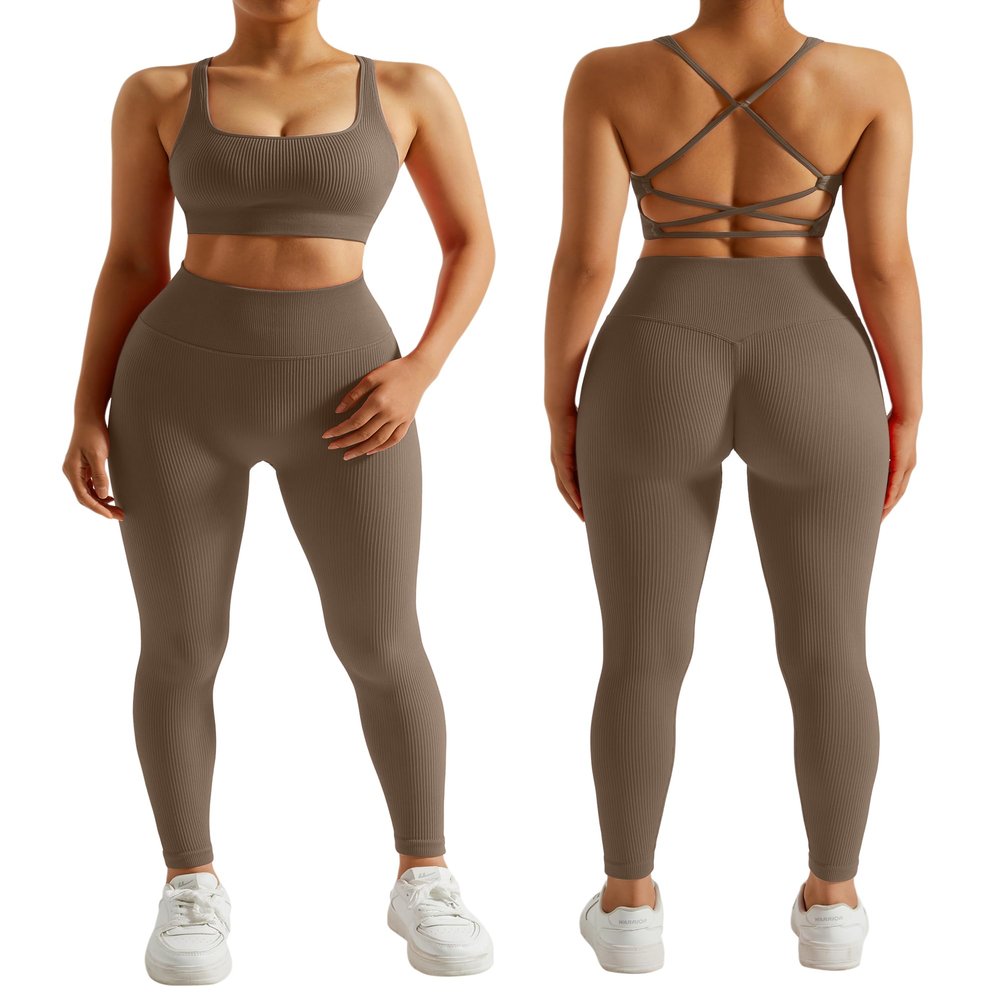RXRXCOCO Ribbed Workout Sets for Women 2 Piece Backless Strappy Sports Bra Seamless Leggings Matching Set Yoga Outfits Brown Large