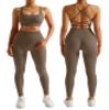 RXRXCOCO Ribbed Workout Sets for Women 2 Piece Backless Strappy Sports Bra Seamless Leggings Matching Set Yoga Outfits Brown Large view 1
