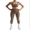 RXRXCOCO Ribbed Workout Sets for Women 2 Piece Backless Strappy Sports Bra Seamless Leggings Matching Set Yoga Outfits Brown Large view 2