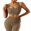 RXRXCOCO Ribbed Workout Sets for Women 2 Piece Backless Strappy Sports Bra Seamless Leggings Matching Set Yoga Outfits Brown Large view 4