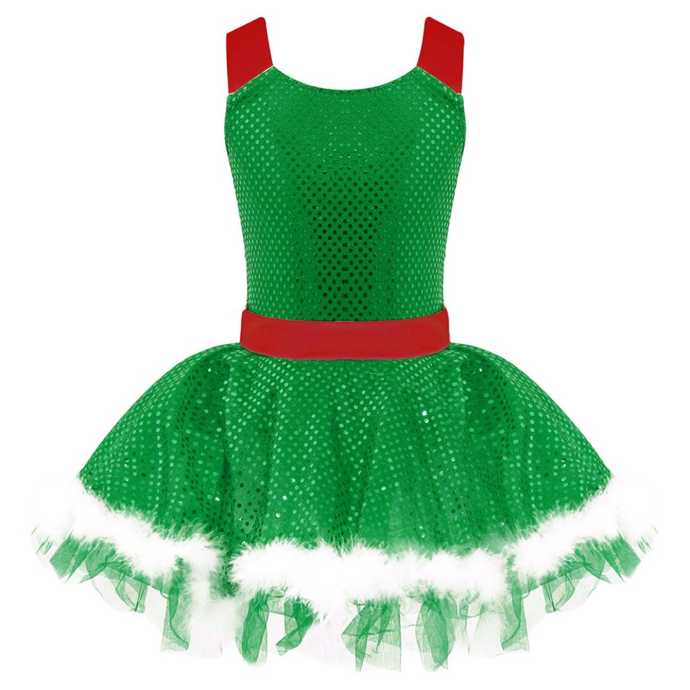 QinCiao Kids Girls Sequined Faux Fur Ballet Leotard Tutu Dress Christmas Figure Ice Skating Holiday Dance Dress Green 6 Years