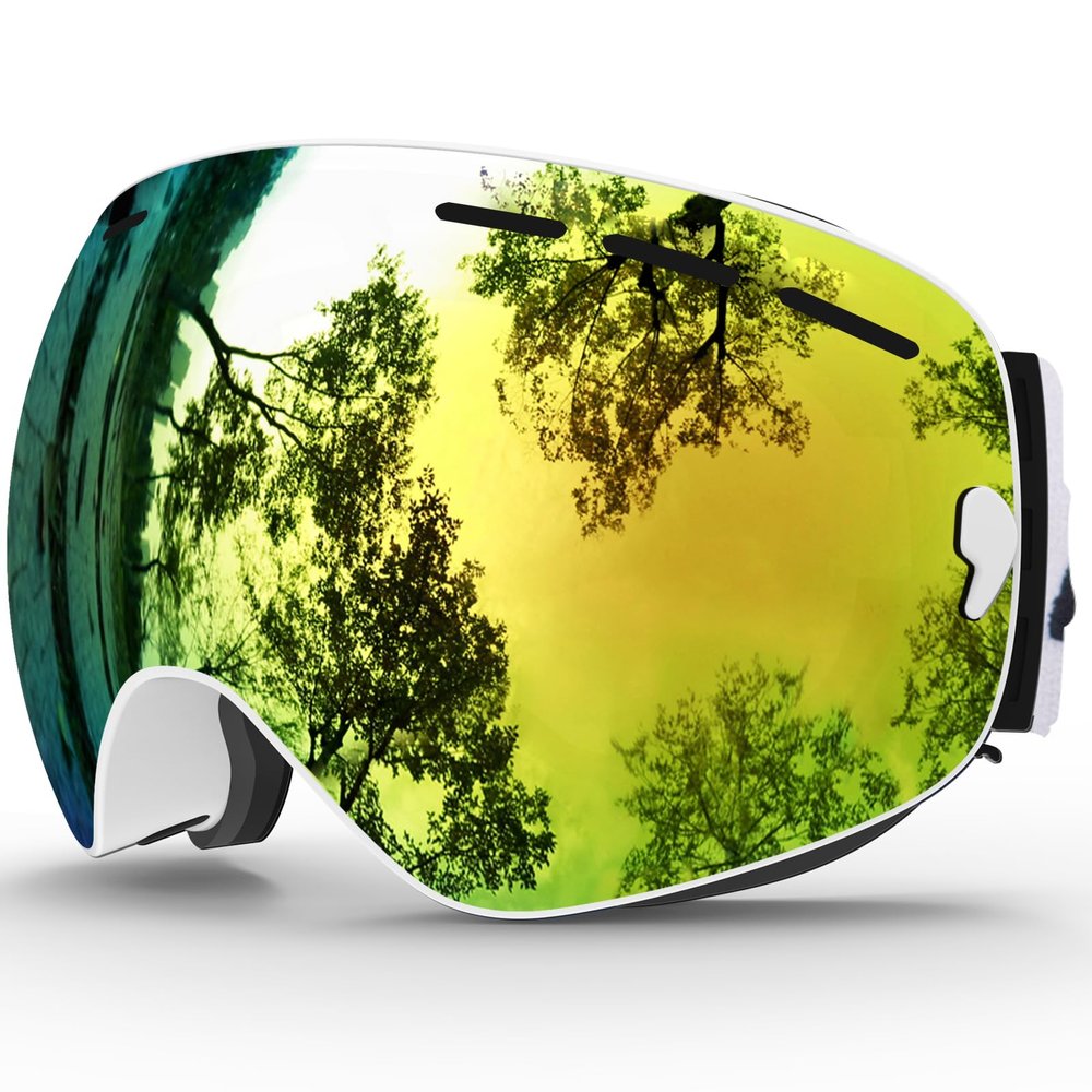 Ski Goggles,OTG Anti-Fog Snowboard Skate Snowmoblie Interchangeable Double Layer Spherical Lens Frameless Snow Goggles Men Women JULI BNCMatte White Frame+ 13.5% Gold Len