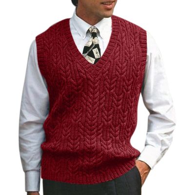 Mens V Neck Sleeveless Sweater Vest Classic Business Gentleman V Neck Knitwear Knitted Waistcoat Sweater Tank Tops Wine