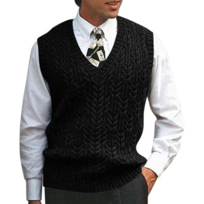 Mens V Neck Sleeveless Sweater Vest Classic Business Gentleman V Neck Knitwear Knitted Waistcoat Sweater Tank Tops Black