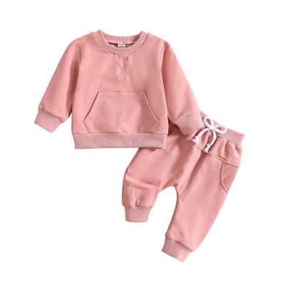 Baby Boys Girls Round Neck Long Sleeve Solid Color 2pcs Top Pants For Autumn Winter Outfits Daily (Pink, 6-12 Months)