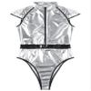 Hansber Women's Halloween Cosplay Bodysuit Costume Holographic Shiny Patent Leather Catsuit Romper Rave Clubwear Silver Small view 4