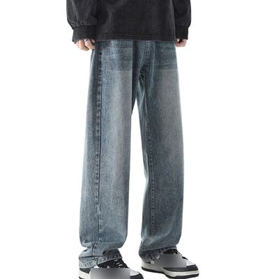 Mens Straight Jeans Wide Leg Baggy Loose Fit Denim Pants Y2K Vintage Casual Long Trousers (XX-Large,Retro Blue 2)