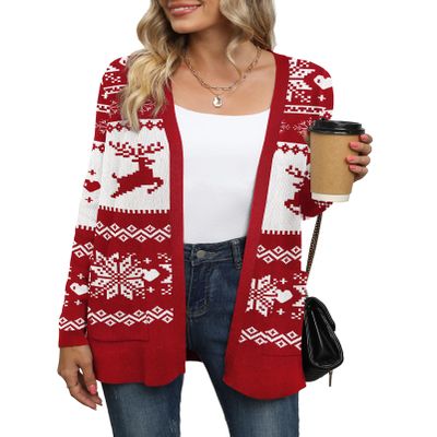 LILBETTER Womens Casual Lightweight Long Sleeve Open Front Cardigan Sweaters with Pockets(F Christmas Red,Large)