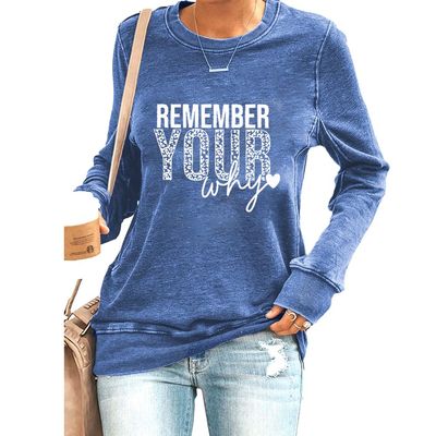 Faithgee Remember Your Why Sweatshirt Positive Message Crewneck Sweatshirt Inspirational Quote Sweatshirts for Women Remember Your Why Shirt Remember Your Why Long Sleeve Tshirt Motivation Blue