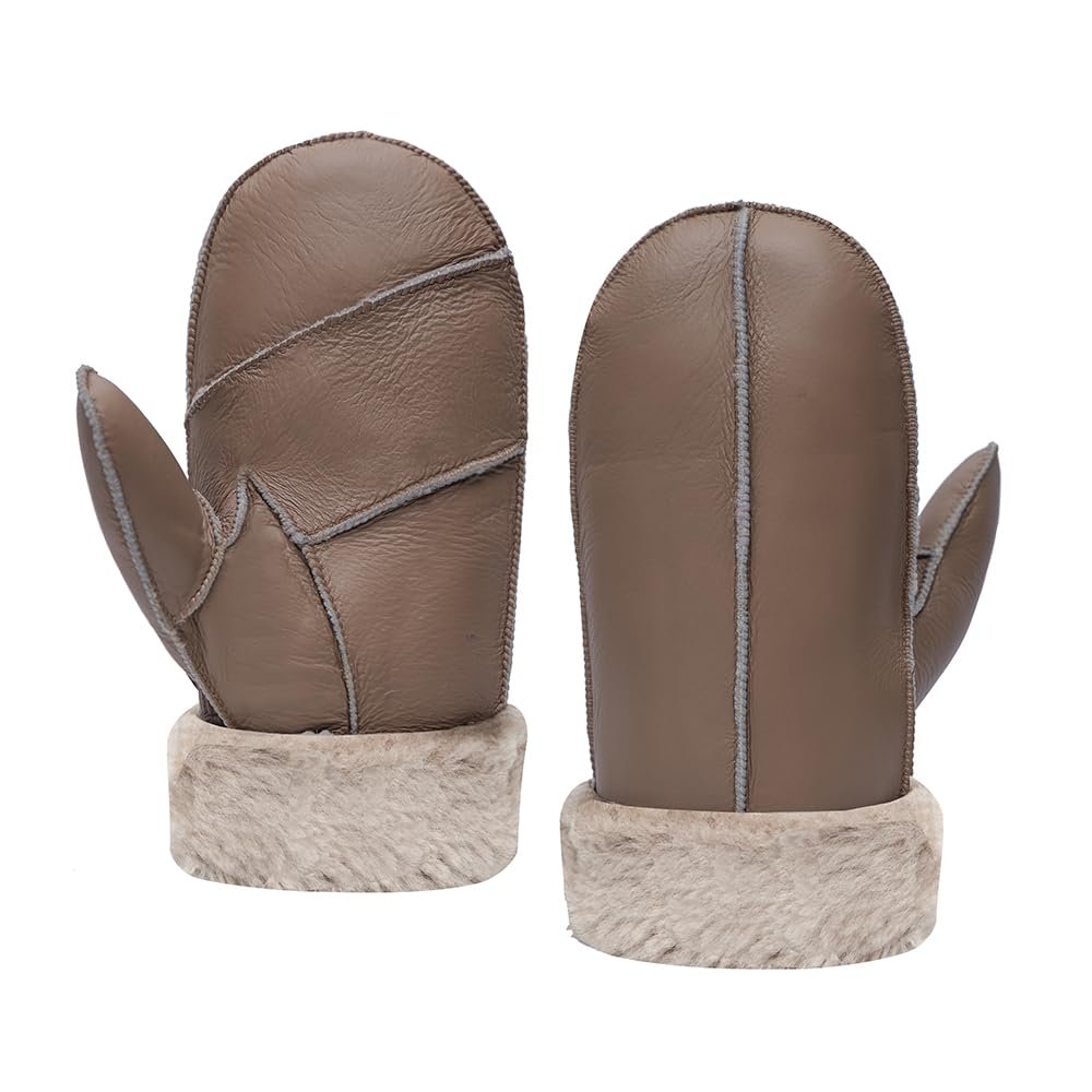 MGGMOKAY Men Leather Mittens Shearling Sheepskin Fur Lined Winter Mitten Gloves,Light Brown,M