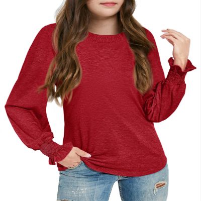 Haloumoning Girls Long Sleeve Shirts Kids Fashion Crew Neck Tunic Tops Blouse 5-14 Years Red