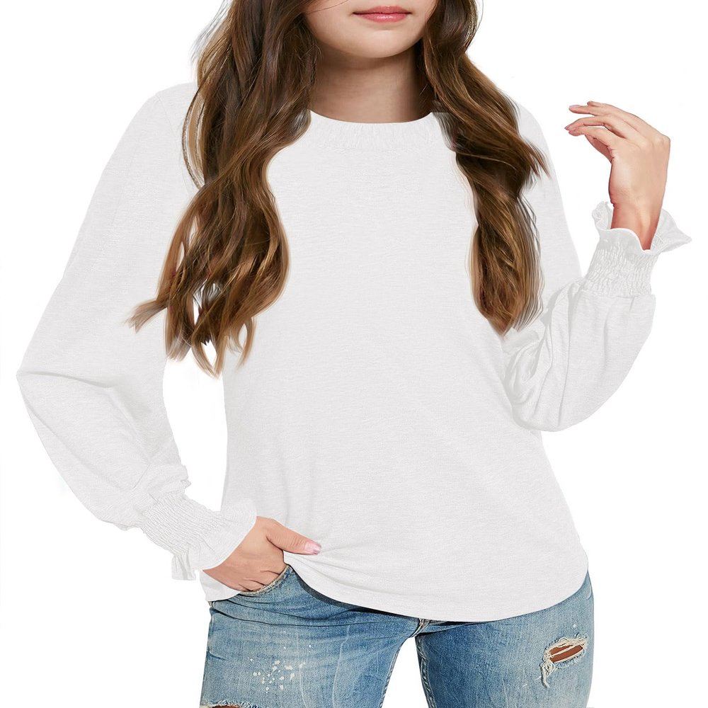 Haloumoning Girls Long Sleeve Shirts Kids Fashion Crew Neck Tunic Tops Blouse 5-14 Years White