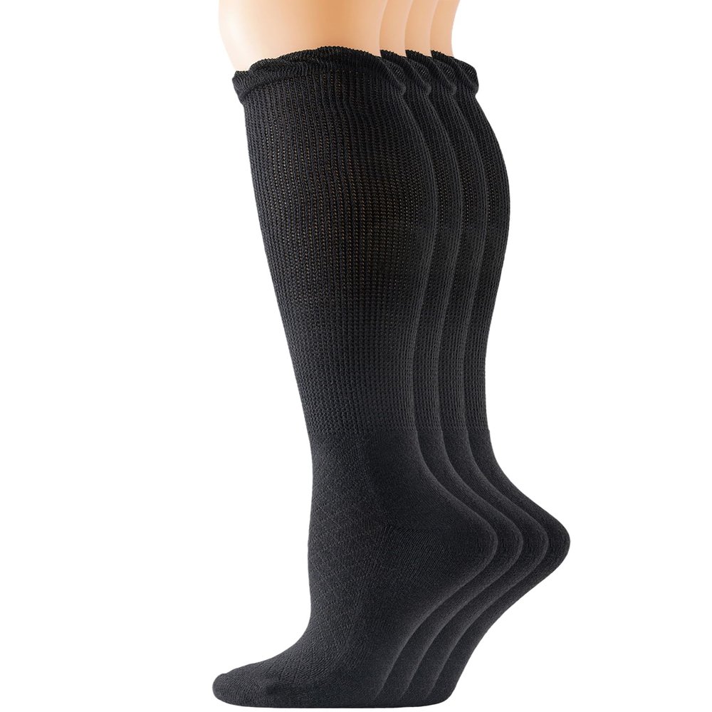 Yomandamor 4 Pairs Womens Diabetic Bamboo Rayon Knee-Hi Seamless Socks Black Long Lace Non-binding Sock,9-11