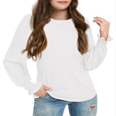 Haloumoning Girls Long Sleeve Shirts Kids Fashion Crew Neck Tunic Tops Blouse 5-14 Years White