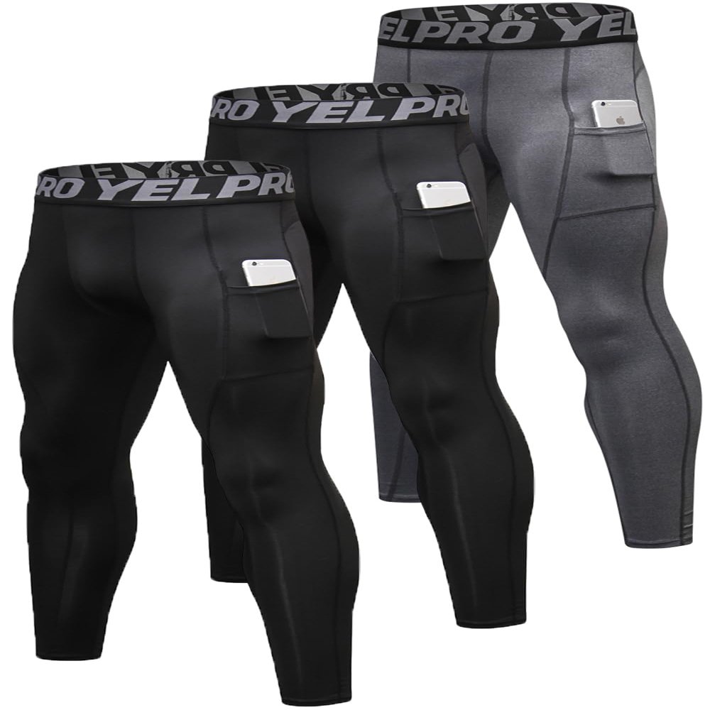Queerier 3 Pack Men's Compression Pants Athletic Leggings with Pockets Running Baselayer Tights Cycling Workout Pants