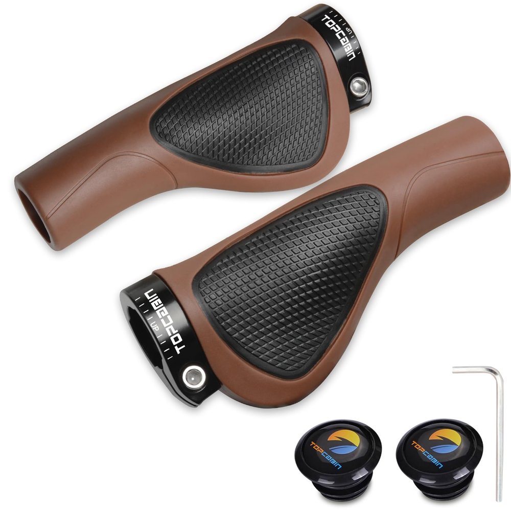 TOPCABIN Bicycles Handlebar Grips, Aluminum Lock-on Ergonomic Bike Grips, Cushion Vibrations Comfort Bike Handlebar Grips, Mountain MTB BMX Bicycles Grips for Scooter (Ergonomic PU-Brown&Black)