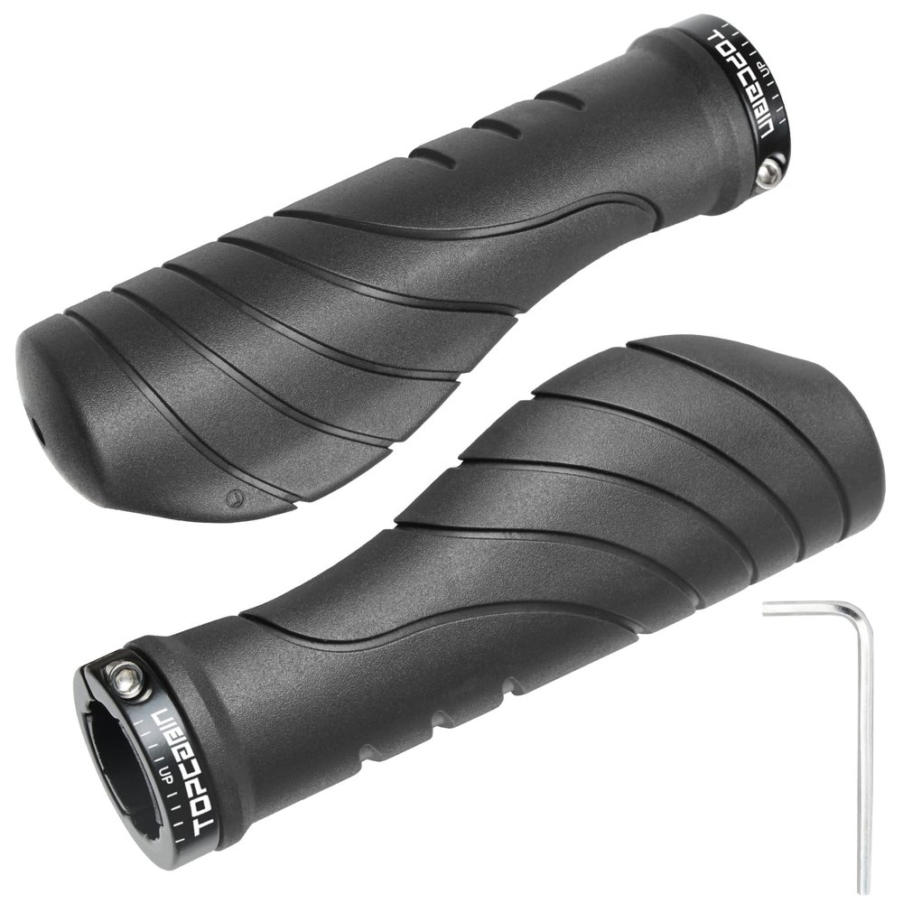 TOPCABIN Bicycles Handlebar Grips, Aluminum Lock-on Ergonomic Bike Grips, Cushion Vibrations Comfort Bike Handlebar Grips, Mountain MTB BMX Bicycles Grips for Scooter (Ergonomic E(Black))