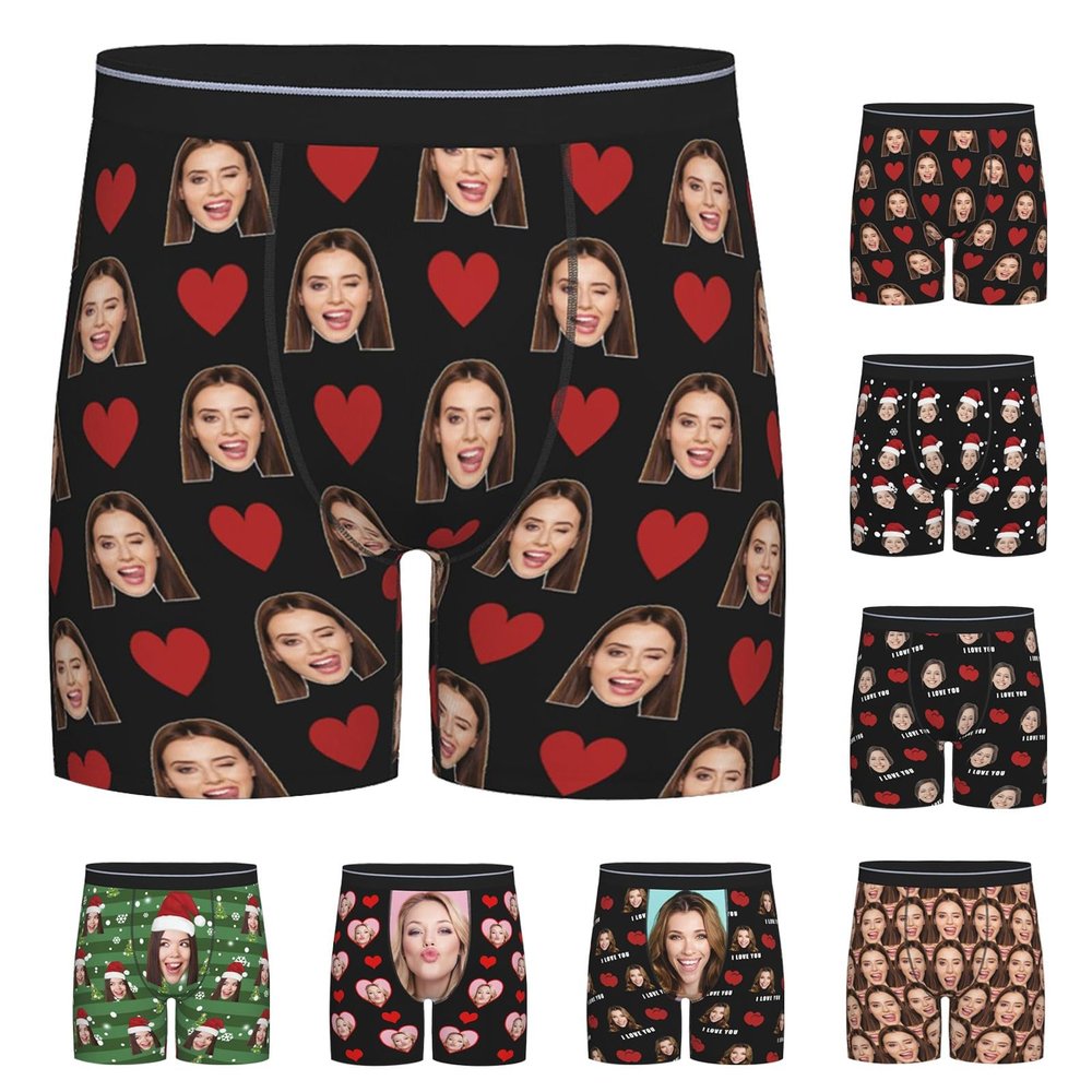 Boffihuxaw Custom Face Mens Boxer Briefs Personalized Long Underwear with Photo Picture Customized Boxers Gifts for Boyfriend Husband Him