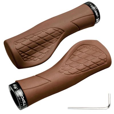 TOPCABIN Bicycles Handlebar Grips, Aluminum Lock-on Ergonomic Bike Grips, Cushion Vibrations Comfort Bike Handlebar Grips, Mountain MTB BMX Bicycles Grips for Scooter (Ergonomic Rubber(Brown))