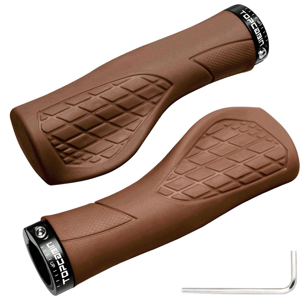 TOPCABIN Bicycles Handlebar Grips, Aluminum Lock-on Ergonomic Bike Grips, Cushion Vibrations Comfort Bike Handlebar Grips, Mountain MTB BMX Bicycles Grips for Scooter (Ergonomic Rubber(Brown))