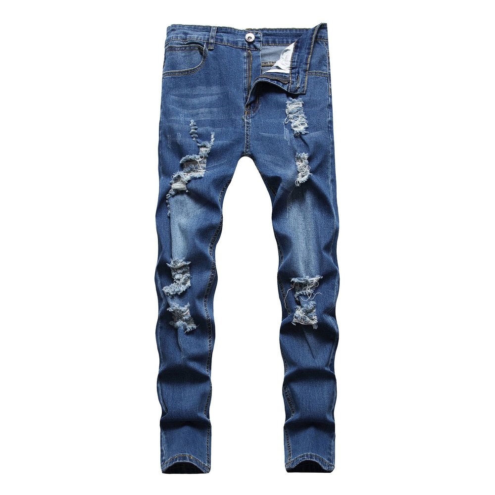 JEKE-DG Men's Ripped Slim Fit Jeans Stretch Destroyed Ripped Skinny Jeans Fashion Design Streetwear Denim Trousers (X-Large,Blue 2)