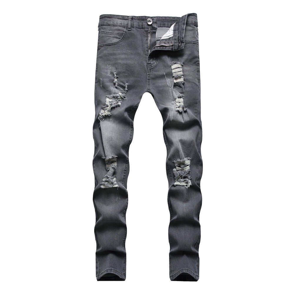 JEKE-DG Men's Ripped Slim Fit Jeans Stretch Destroyed Ripped Skinny Jeans Fashion Design Streetwear Denim Trousers (X-Large,Grey)