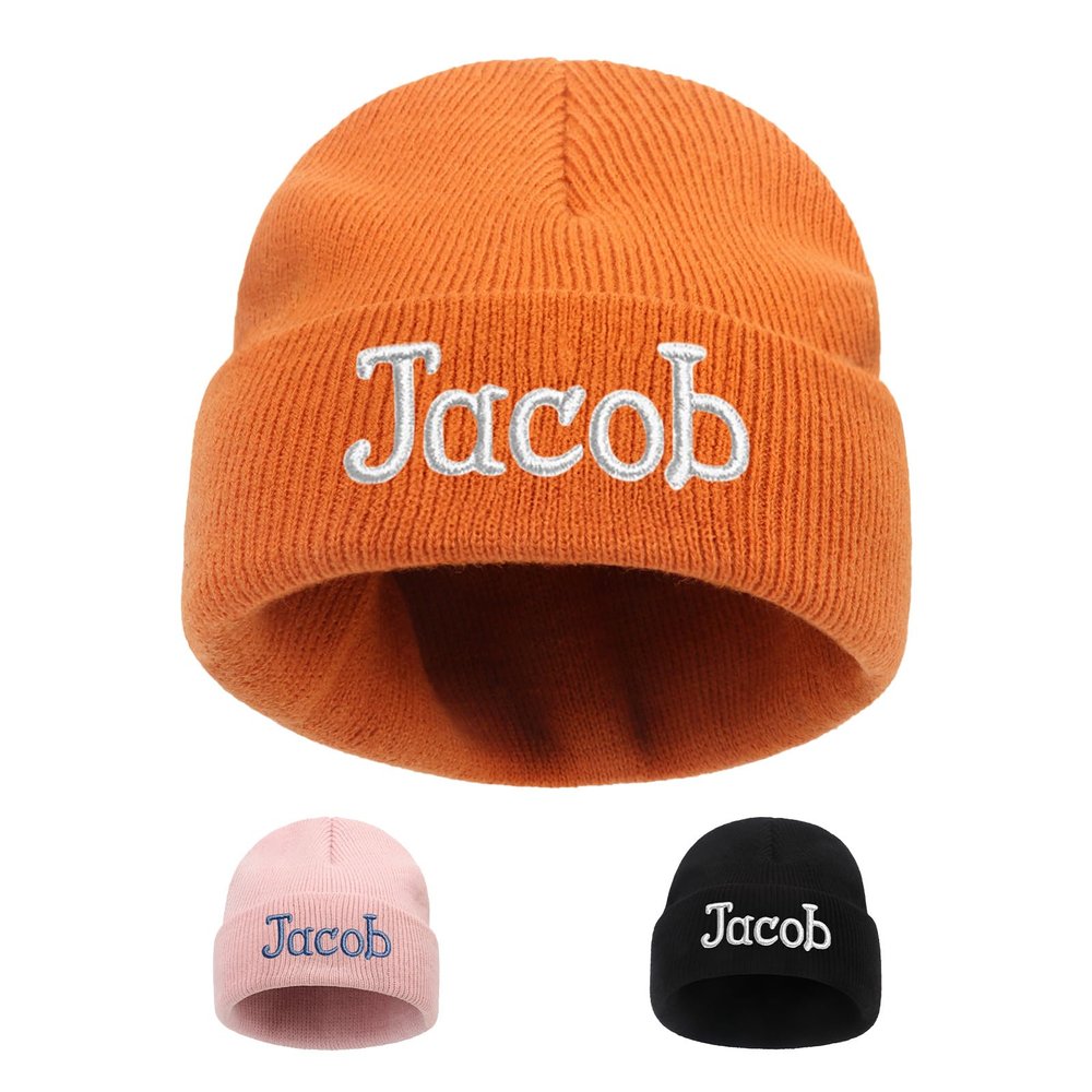 lanleay Custom Beanie Hats for Baby Girls Boys - Personalized Embroidered Beanies with Name for Infants Toddlers Adults Winter Orange Knit Hat